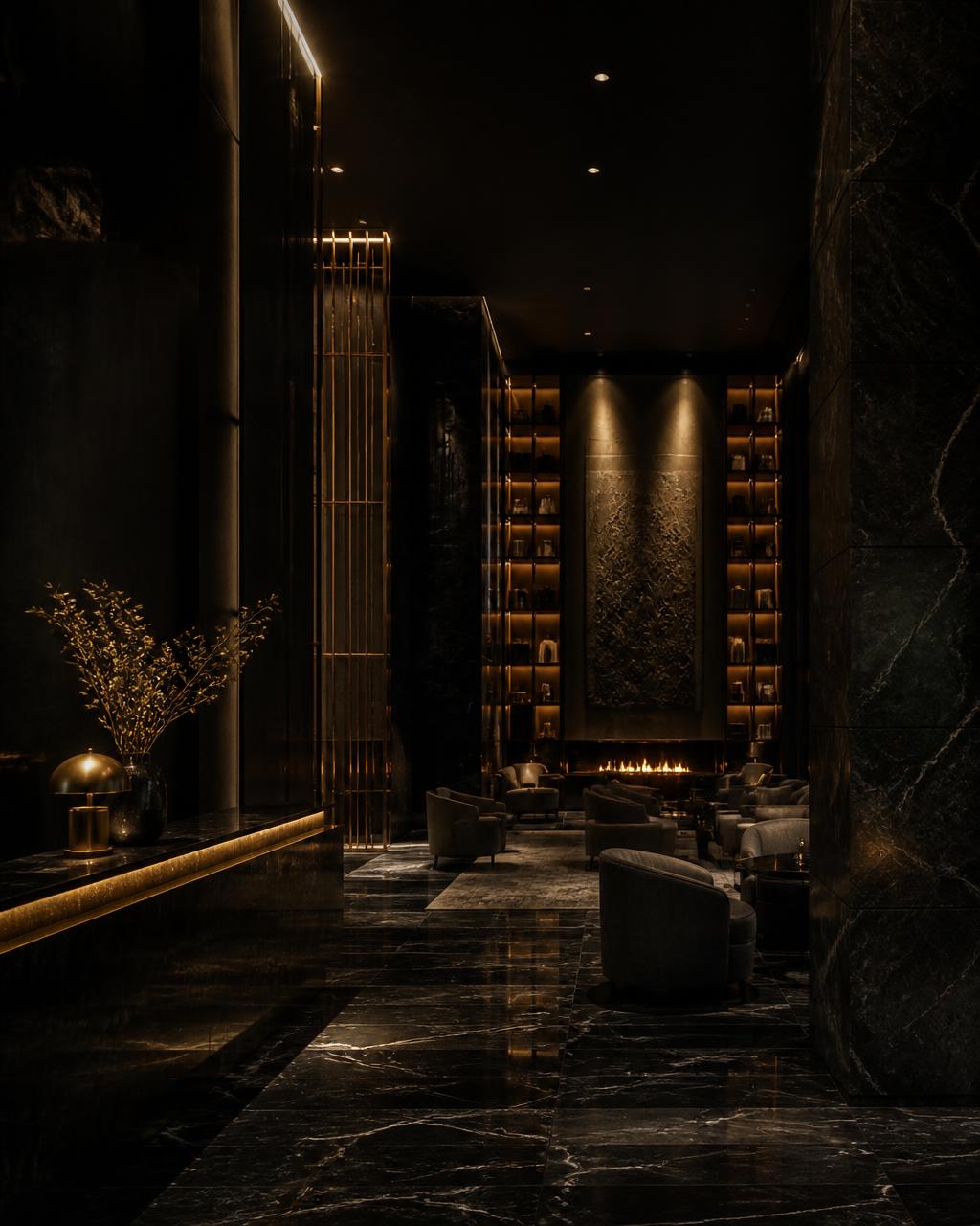 Dimly lit luxury hotel lobby with black marble and warm gold accent lighting